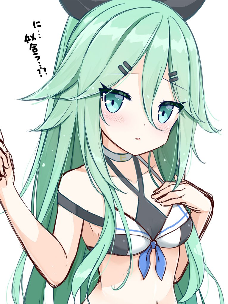 1girl, bikini, blush, bow, breasts, female_focus, green_eyes, green_hair