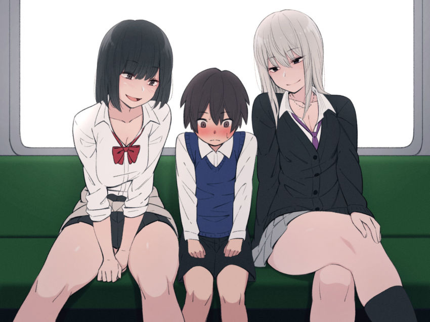 1boy, 2girls, :d, age_difference, ara_ara_on_a_train_(meme), black_cardigan, black_hair, black_shorts, black_socks, blush, bow, bowtie, breasts, brown_hair, cardigan, cardigan_around_waist, child, cleavage, closed_mouth, clothes_around_waist, collarbone, collared_shirt, commentary, crossed_legs, dress_shirt, embarrassed, femdom, girl_sandwich, grey_hair, grey_skirt, hair_between_eyes, height_difference, imminent_rape, jewelry, kemuri_haku, kneehighs, large_breasts, long_hair, long_sleeves, meme, miniskirt, multiple_girls, necklace, onee-shota, open_mouth, original, pleated_skirt, red_bow, red_bowtie, sandwiched, school_uniform, shirt, shorts, sidelocks, sitting, skindentation, skirt, smile, socks, sweater, sweater_around_waist, thighs, train_interior, white_shirt, you_gonna_get_raped