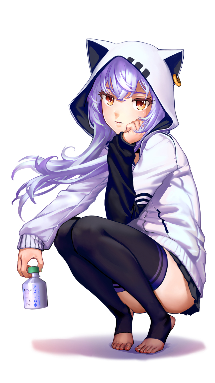 1girl, animal_hood, as109, ass, azuma_lim, bad_id, bad_pixiv_id, black_thighhighs, bottle, brown_eyes, cat_hood, closed_eyes, cyber_v, expressionless, feet, female_focus, highres, hood, hood_up, hoodie, long_hair, long_sleeves, looking_at_viewer, no_shoes, pleated_skirt, purple_hair, skirt, solo, squatting, stirrup_legwear, thighhighs, toeless_legwear, toes, virtual_youtuber, white_background, wind