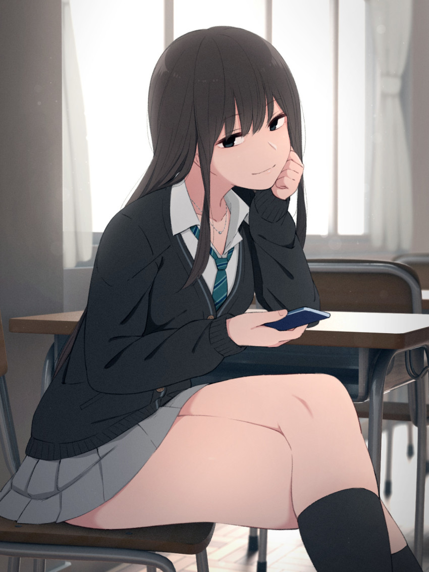 1girl, black_eyes, black_footwear, black_hair, black_socks, breasts, buttons, cardigan, cellphone, chair, classroom, closed_mouth, collarbone, collared_shirt, crossed_legs, curtains, day, desk, dress_shirt, female_focus, fingernails, green_necktie, grey_skirt, hair_between_eyes, hand_on_own_cheek, hand_on_own_face, hand_up, head_rest, highres, holding, holding_phone, idolmaster, idolmaster_cinderella_girls, indoors, jewelry, kemuri_haku, kneehighs, long_hair, long_sleeves, looking_at_viewer, miniskirt, necklace, necktie, on_chair, phone, pleated_skirt, school_desk, school_uniform, shibuya_rin, shirt, sidelocks, sitting, skirt, sleeves_past_wrists, small_breasts, smartphone, smile, socks, solo, striped_clothes, striped_necktie, striped_neckwear, thighs, white_shirt, window, wing_collar