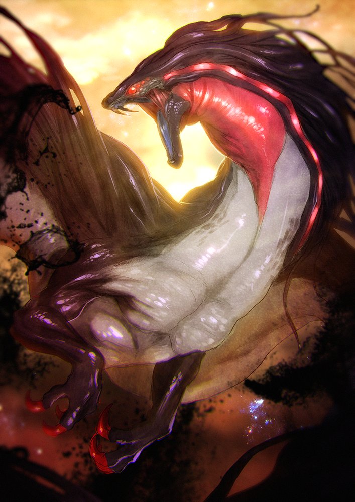 black_hair, claws, darkness, dragon, extra_eyes, fangs, fate/grand_order, fate_(series)