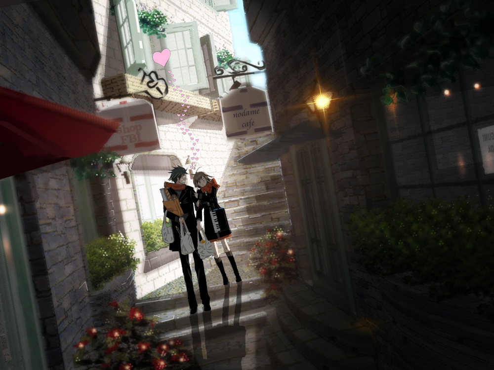 00s, 1boy, 1girl, ahoge, arm_grab, bag, black_socks, bread, building, chiaki_shin'ichi, couple, day, flower, food, hashikurao, heart, hetero, holding_another's_arm, keyboard, kneehighs, noda_megumi, nodame_cantabile, outdoors, shopping, socks, stairs