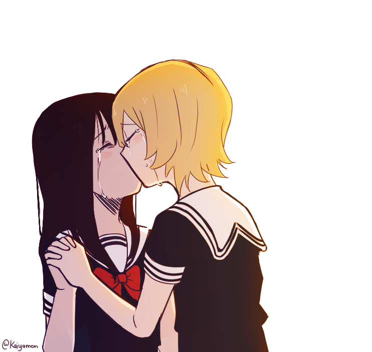 10s, 2girls, asagiri_aya, black_hair, blonde_hair, closed_eyes, female_focus, french_kiss