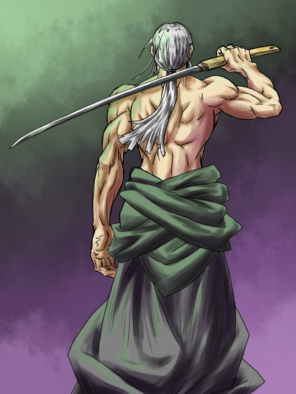 1boy, aogumo_(ghost-8492), back, bad_id, bad_pixiv_id, bare_back, konpaku_youki, koppa_(pixiv), male_focus, manly, muscular, ponytail, purple_background, shirasaya, topless_male, silver_hair, solo, sword, touhou, weapon