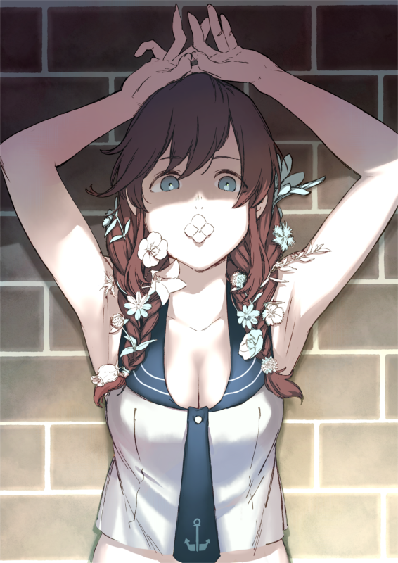 1girl, against_wall, armpits, arms_up, bad_id, bad_twitter_id, blue_eyes, braid