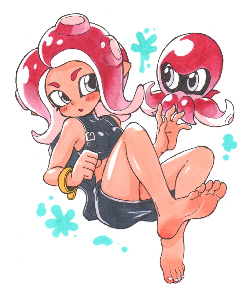 1990s_(style), 1girl, agent_8_(splatoon), ass, bare_shoulders, barefoot, blush, bracelet, breasts, feet, female_focus, full_body, highres, jewelry, miniskirt, nintendo, octoling, octoling_(swim_form), octoling_girl, octoling_player_character, octopus, oyatsu_(mk2), red_hair, retro_artstyle, short_hair, simple_background, skirt, soles, solo, splatoon_(series), splatoon_2, splatoon_2:_octo_expansion, tank_top, tentacle_hair, toes, white_background