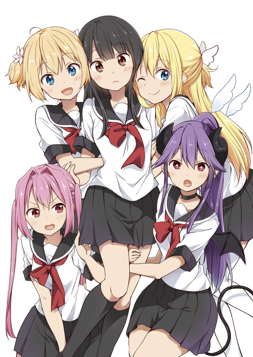 5girls, :d, ;), amatsuka_poi, arm_hug, black_choker, black_hair, black_sailor_collar