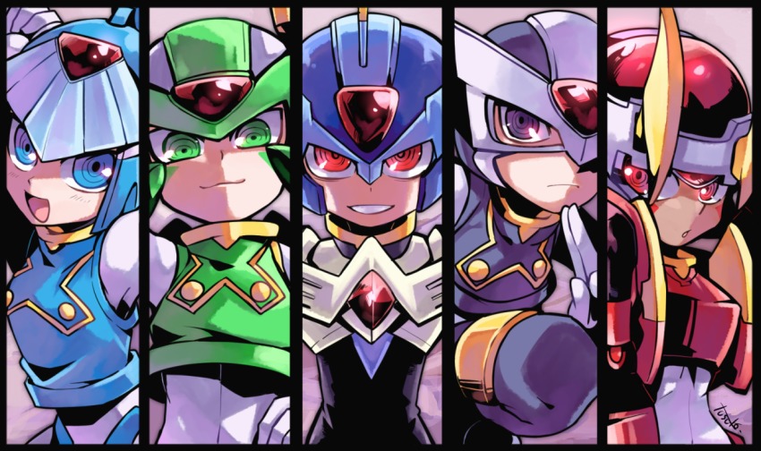 1girl, 4boys, android, black_border, blue_eyes, border, breasts, capcom, copy_x_(mega_man), fighting_fefnir_(mega_man), green_eyes, kuji-in, sage_harpuia_(mega_man), helmet, inti_creates, fairy_leviathan_(mega_man), medium_breasts, multiple_boys, open_mouth, hidden_phantom_(mega_man), purple_eyes, red_eyes, mega_man_(series), mega_man_zero_(series), smile, yuusuke-kun