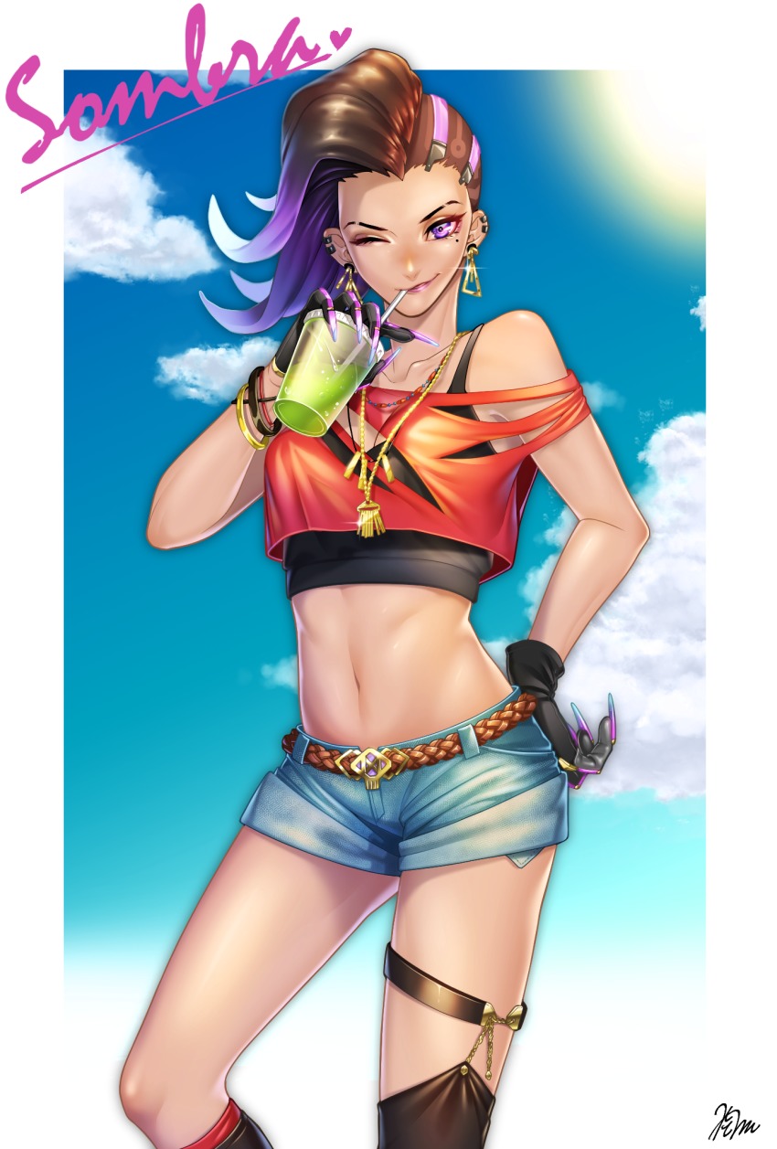 1girl, ;), asymmetrical_hair, asymmetrical_legwear, bare_shoulders, belt, black_gloves, black_socks