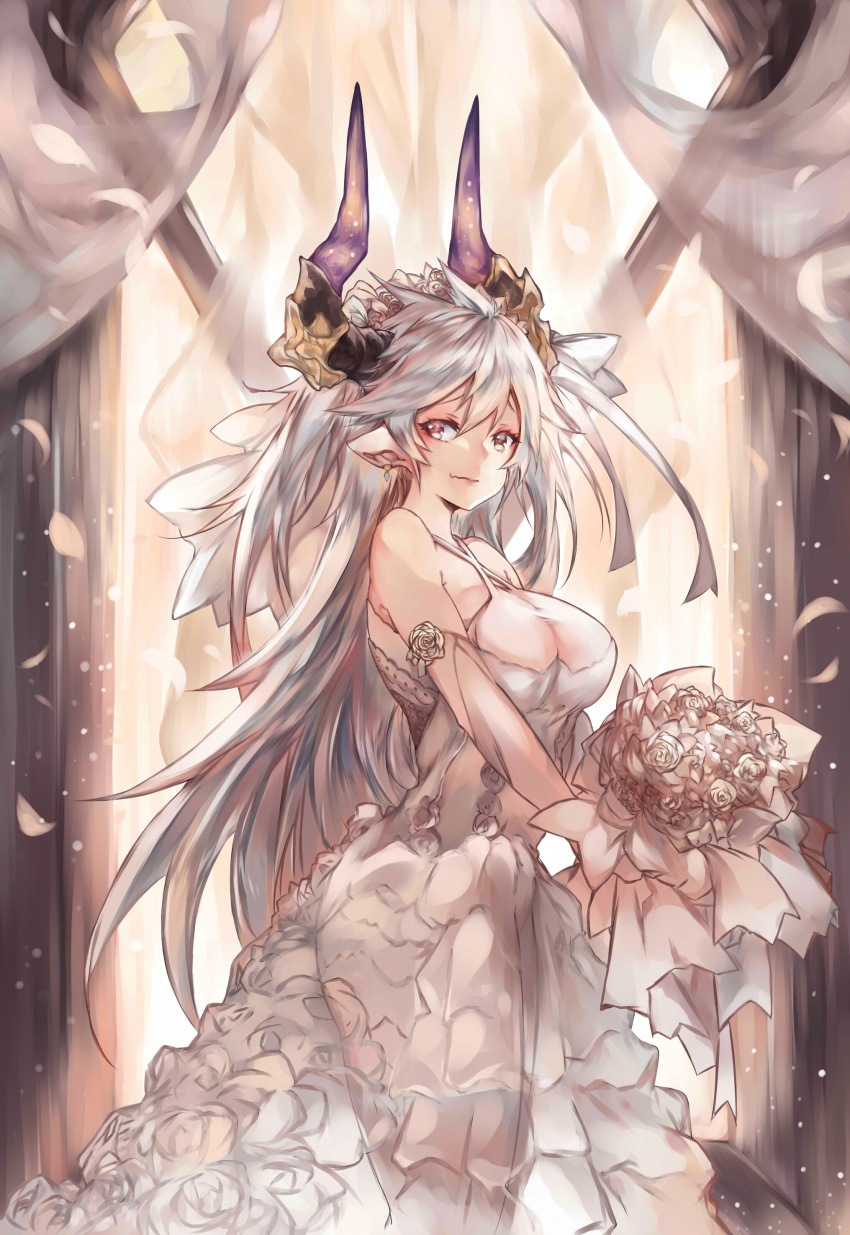 1girl, absurdres, bare_shoulders, bouquet, breasts, bridal_veil, bride, criss-cross_halter