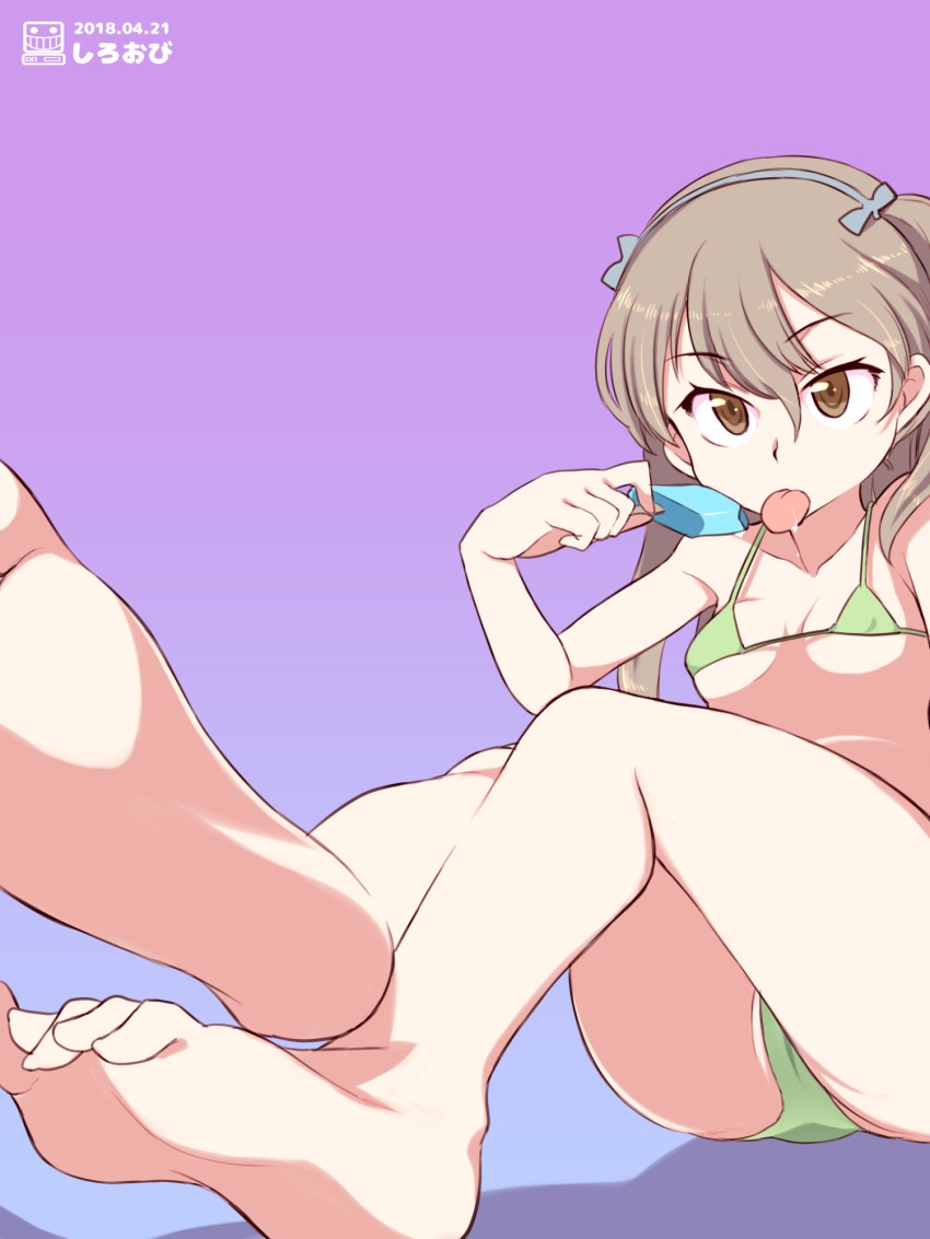 10s, 1girl, :p, artist_name, bikini, blue_ribbon, breasts, brown_eyes