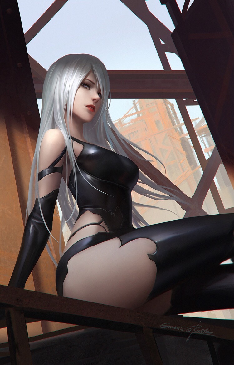1girl, a2_(nier:automata), android, armlet, black_shorts, blue_eyes, boots, building, commentary, construction_site, elbow_gloves, from_below, gloves, head_tilt, jewelry, joints, nier:automata, nier_(series), painting_(action), qichao_wang, red_lips, robot_joints, short_shorts, shorts, silver_hair, sitting, skin_tight, steel_beam, tank_top, thigh_boots, thighhighs, thighs, under_construction