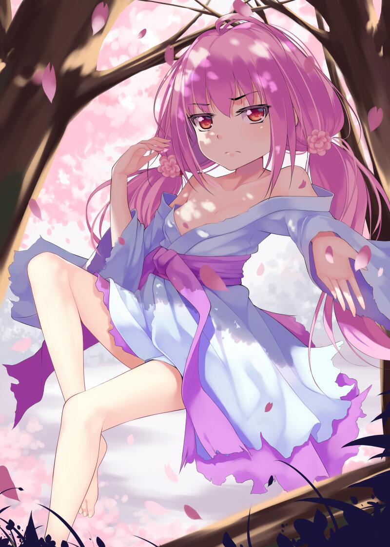 1girl, aoi_(buzhuen444), barefoot, breasts, feet, female_focus, flower, ghost_reaper_&amp;_winter_cherries