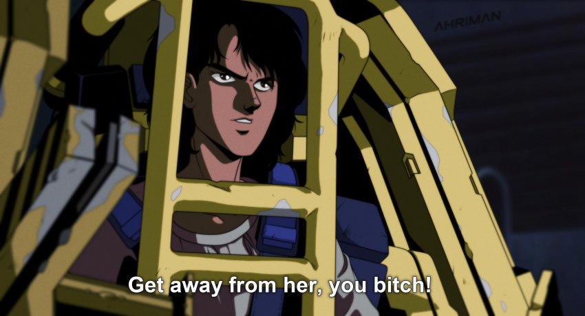 1girl, alien_(series), aliens_(1986), angry, black_eyes, black_hair, caption, damaged