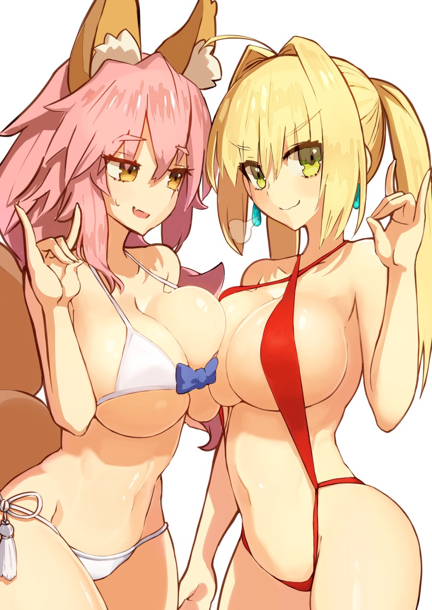 2girls, absurdres, ahoge, animal_ear_fluff, animal_ears, asymmetrical_docking, bikini, blonde_hair, breast_press, breasts, brown_eyes, closed_mouth, commentary_request, dh_ead, earrings, eyebrows, fate/grand_order, fate_(series), fox_ears, fox_tail, green_eyes, highres, jewelry, kunabishi, large_breasts, long_hair, looking_at_another, looking_at_viewer, m/, multiple_girls, navel, nero_claudius_(fate), nero_claudius_(fate/extra), nero_claudius_(red_lightning)_(fate), nero_claudius_(swimsuit_caster)_(fate), official_alternate_costume, pink_hair, red_bikini, side-tie_bikini_bottom, simple_background, slingshot_swimsuit, smile, swimsuit, tail, tamamo_no_mae_(fate), tamamo_no_mae_(sexy_bikini)_(fate), tamamo_no_mae_(swimsuit_lancer)_(fate), twintails, white_background, white_bikini