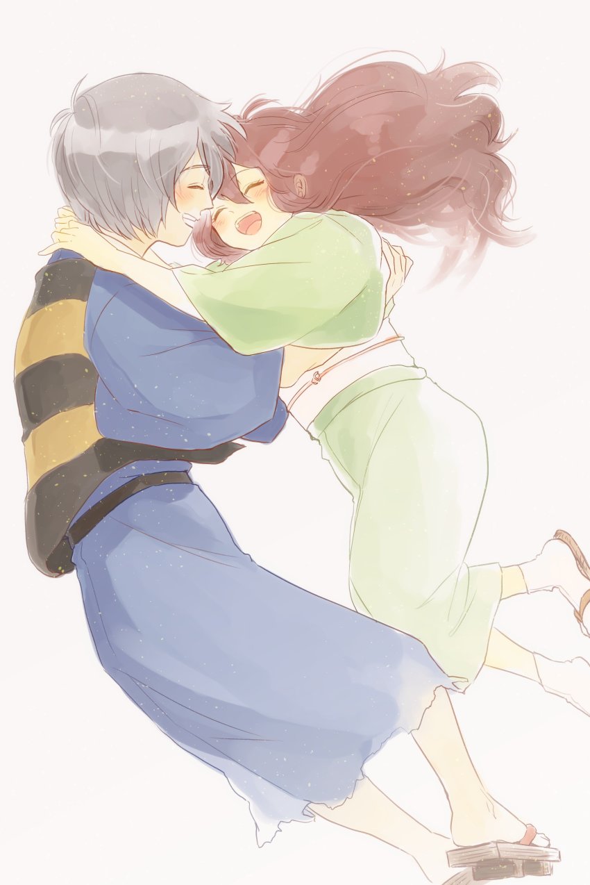 1boy, 1girl, absurdres, arms_around_neck, blush, brown_hair, chanchanko_(clothes), closed_eyes, gegege_no_kitarou, geta, grey_background, grey_hair, happy, highres, himeno_ktnk, japanese_clothes, jumping, kimono, kitarou's_mother, long_hair, medama_oyaji, medama_oyaji_(human), open_mouth, protected_link, sandals, short_hair, simple_background, smile, tabi, white_background