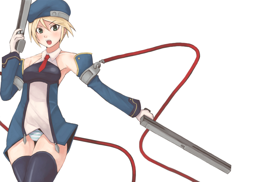 1girl, arc_system_works, beret, blazblue, blonde_hair, detached_sleeves, dress, dual_wielding, female_focus, gloves, green_eyes, gun, handgun, hands_on_own_hips, hat, holding, necktie, noel_vermillion, panties, pantyshot, short_dress, short_hair, solo, souzan_kurasuke, striped_clothes, striped_panties, thighhighs, underwear, weapon, zettai_ryouiki