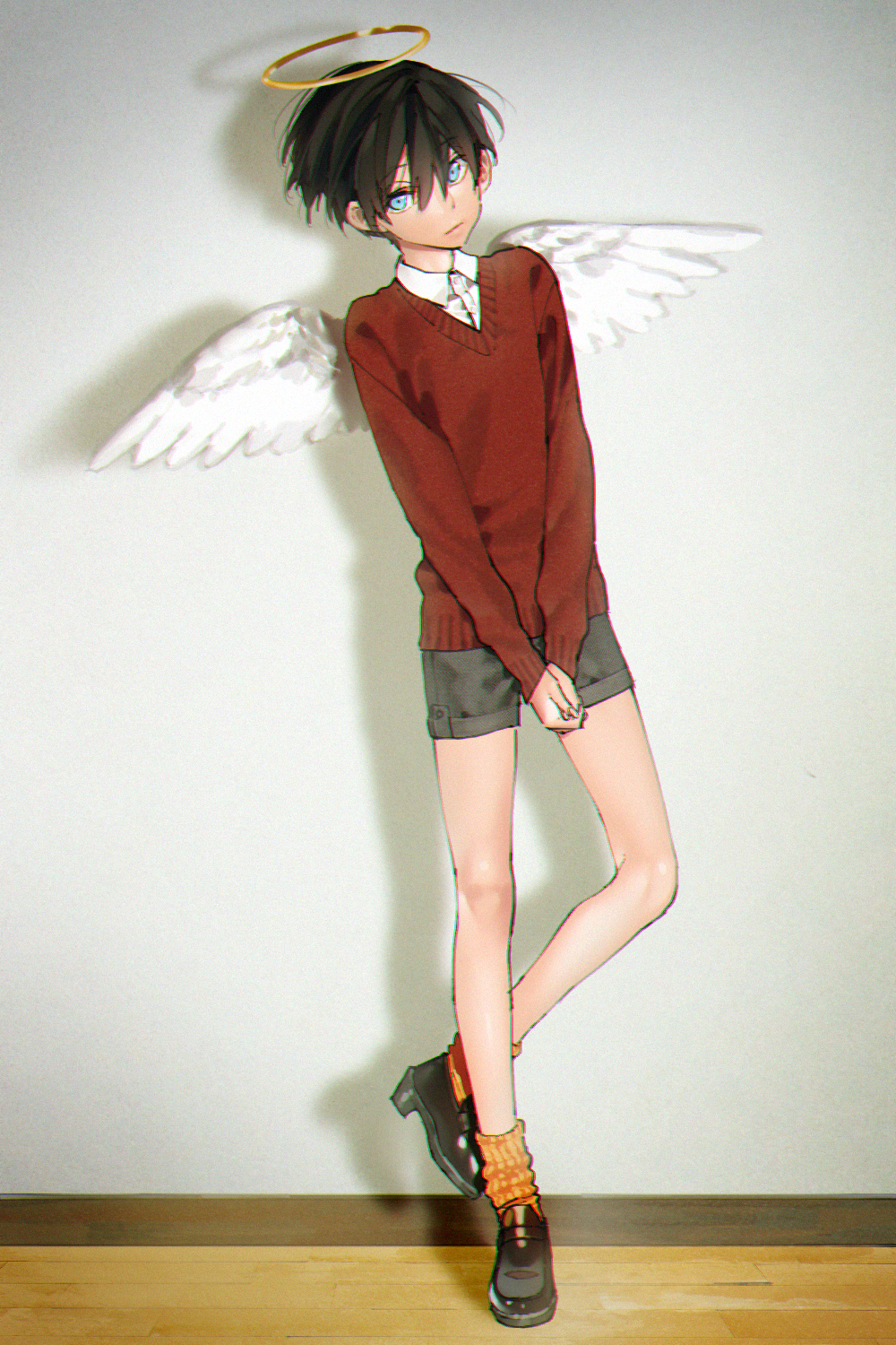 10s, 1boy, aged_down, angel, angel_wings, aqua_eyes, bare_legs, black_hair