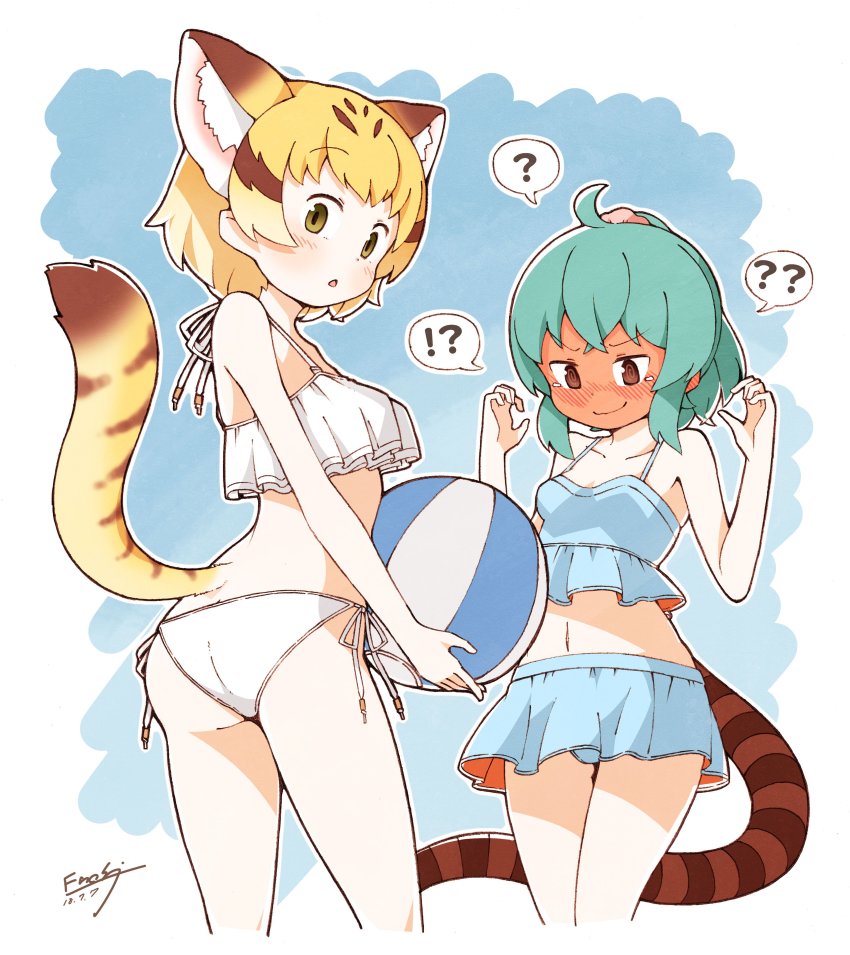 !?, 10s, 2girls, ?, ??, @_@, absurdres, alternate_costume, animal_ears, bad_id, bad_twitter_id, ball, bare_arms, bare_legs, bare_shoulders, beachball, bikini, bikini_day, bikini_skirt, blonde_hair, blue_hair, blush, cat_ears, cat_tail, commentary_request, embarrassed, enk_0822, full-face_blush, highres, kemono_friends, multicolored_hair, multiple_girls, nose_blush, sand_cat_(kemono_friends), short_hair, snake_tail, spoken_interrobang, swimsuit, tail, tsuchinoko_(kemono_friends)