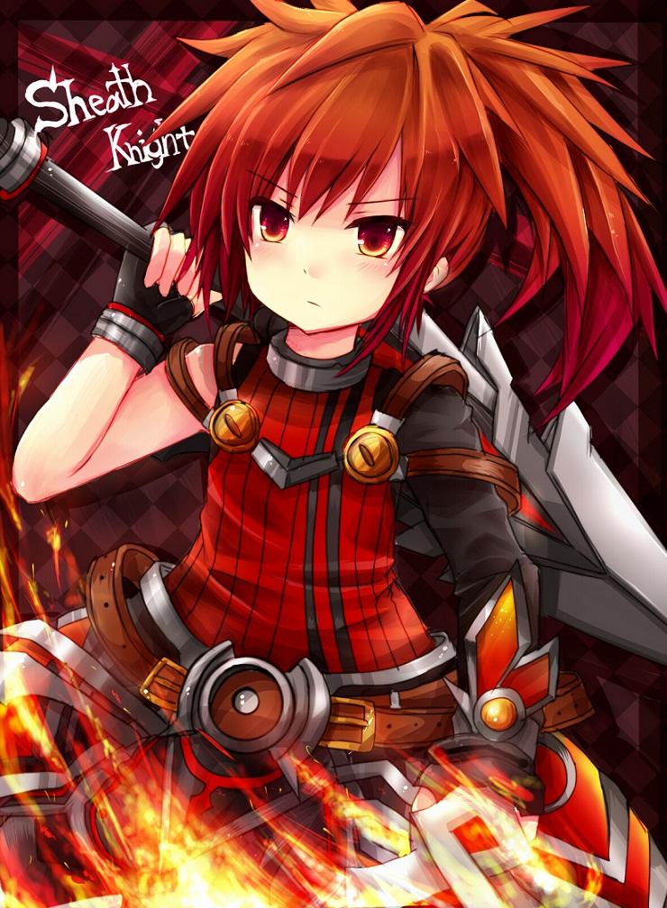 1boy, blouse, character_name, elsword, elsword_(character), fire, holding, holding_sword