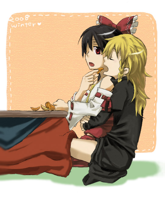2girls, bad_id, bad_pixiv_id, black_hair, blonde_hair, braid, detached_sleeves, eating, feeding, female_focus, food, fruit, hakurei_reimu, hug, japanese_clothes, kirisame_marisa, kotatsu, kuroda_(artist), kuroda_(nanchara_flight), kuroda_(pixiv260283), mandarin_orange, miko, multiple_girls, table, touhou, yuri