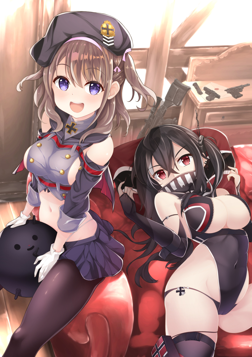 2girls, absurdres, alicia_(schrdingerscat), azur_lane, bandana, bandana_over_mouth, beret, black_bandana