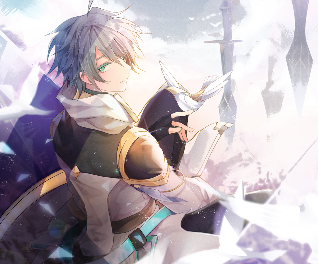 1boy, ahoge, ainchase_ishmael, blouse, blurry, cloak, depth_of_field, elsword, erbluhen_emotion_(elsword), fingerless_gloves, from_above, gloves, looking_at_viewer, male_focus, nairofu, nasod_bird_(elsword), outdoors, shirt, sitting, solo, tagme, white_shirt