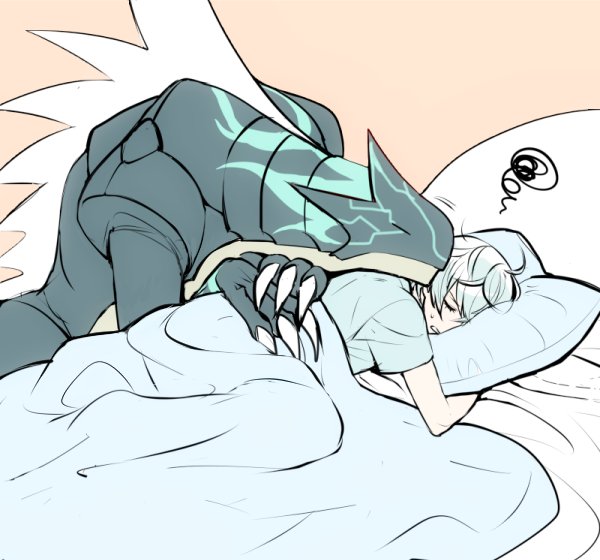 1boy, azi_dahaka_(under_night_in-birth), bed, bed_sheet, chaos_(under_night_in-birth), clenched_teeth, closed_eyes, familiar