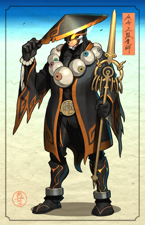 adjusting_clothes, adjusting_headwear, aze_3, belt, eyeball, glowing, glowing_eye, hat, kamen_rider, kamen_rider_ghost, kamen_rider_ghost_(series), male_focus, mask, monk, redesign, rice_hat, sandals, shakujou, solo, staff, wide_sleeves