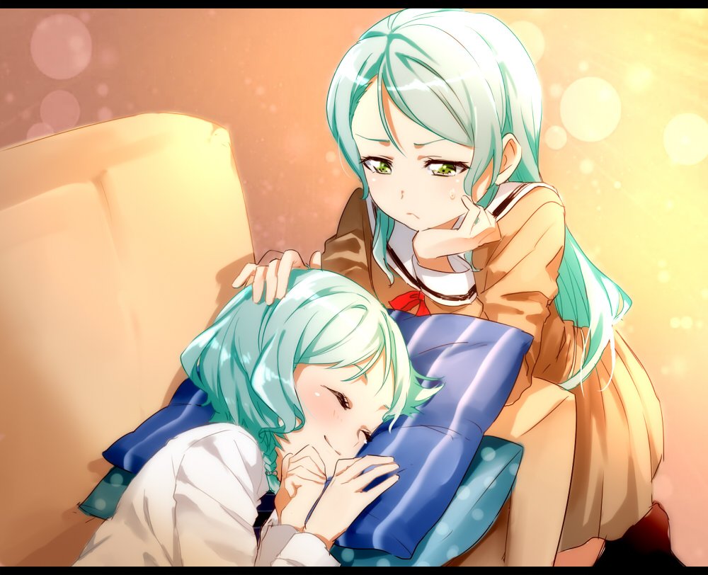 2girls, ^_^, aqua_hair, bang_dream!, bang_dream!_girls_band_party!, braid, brown_dress, clenched_hand