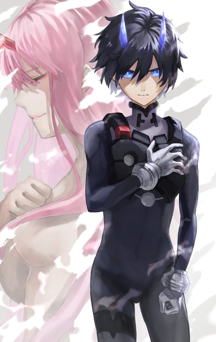 10s, 1boy, 1girl, black_bodysuit, black_hair, blue_eyes, blue_horns, bodysuit, breasts, closed_eyes, commentary_request, couple, darling_in_the_franxx, gloves, hair_over_breasts, hand_on_own_chest, hetero, highres, hiro_(darling_in_the_franxx), horns, long_hair, looking_at_viewer, mecha_pilot_suit, medium_breasts, oni_horns, parasite_suit_(darling_in_the_franxx), pink_hair, red_horns, sa_nomaru, short_hair, topless_male, white_gloves, zero_two_(darling_in_the_franxx)