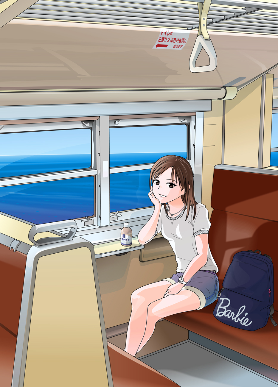 1girl, backpack, bag, blue_bag, blue_shorts, bottle, breasts, brown_eyes