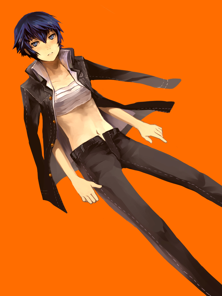 1girl, androgynous, atlus, bandages, blue_eyes, blue_hair, blush, breast_bind