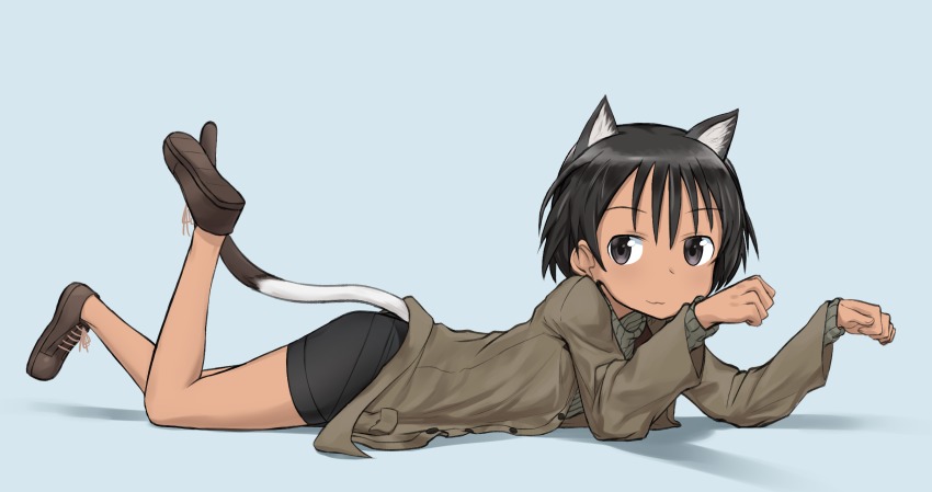 1girl, :3, animal_ears, bike_shorts, black_eyes, black_hair, black_shorts, blue_background