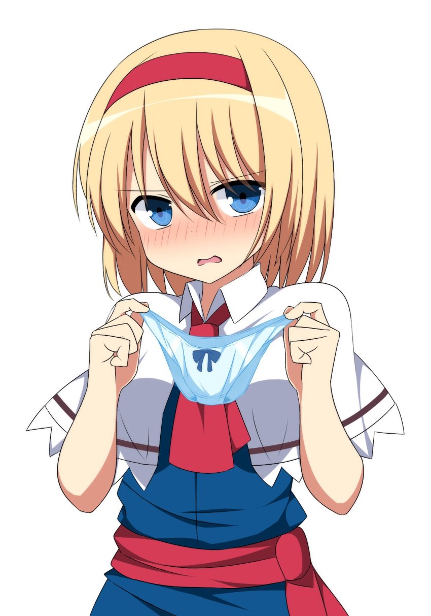 1girl, alice_margatroid, ascot, blonde_hair, blue_bow, blue_dress, blue_eyes, blue_panties
