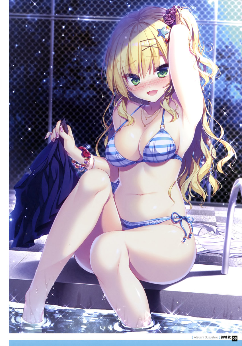 1girl, :d, absurdres, arisue_tsukasa, armpits, artist_name, bikini, blonde_hair