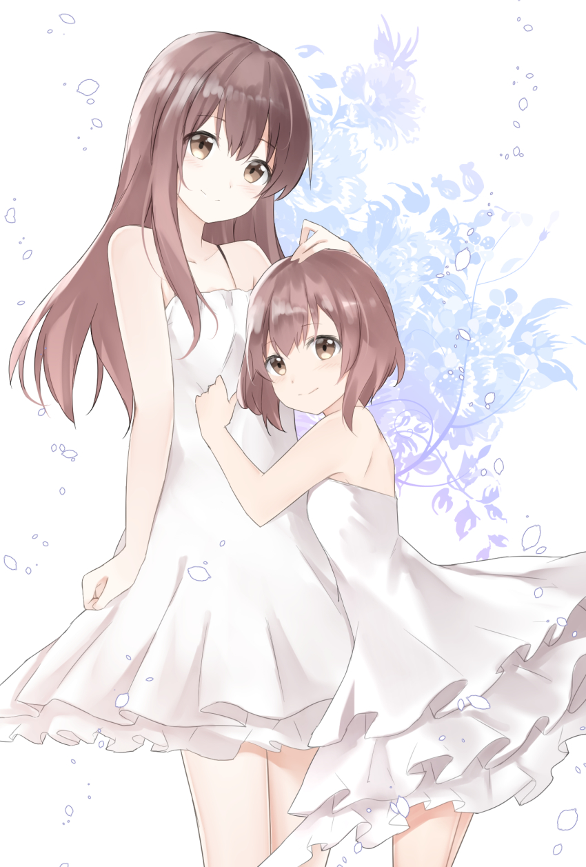 2girls, back, brown_eyes, brown_hair, collarbone, cowboy_shot, dress, floating_hair