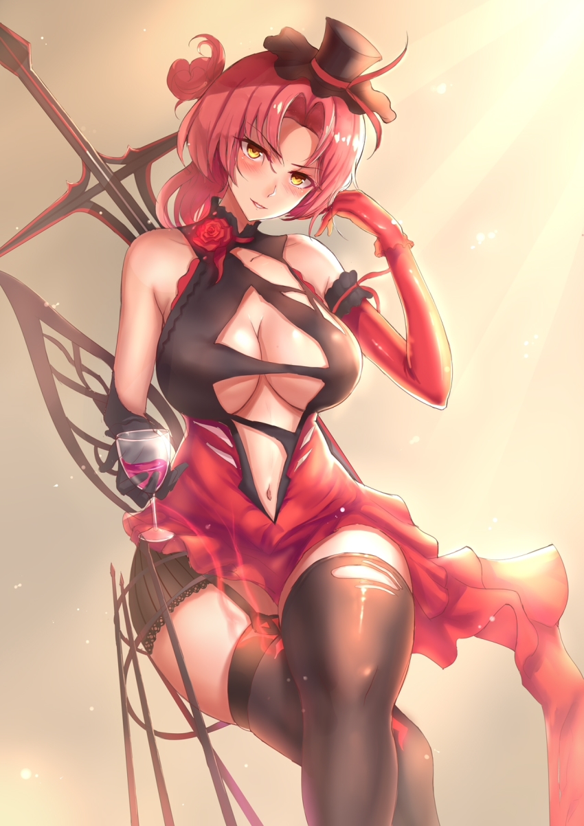 1girl, asymmetrical_gloves, bare_shoulders, black_hat, black_thighhighs, breasts, cleavage, crossed_legs