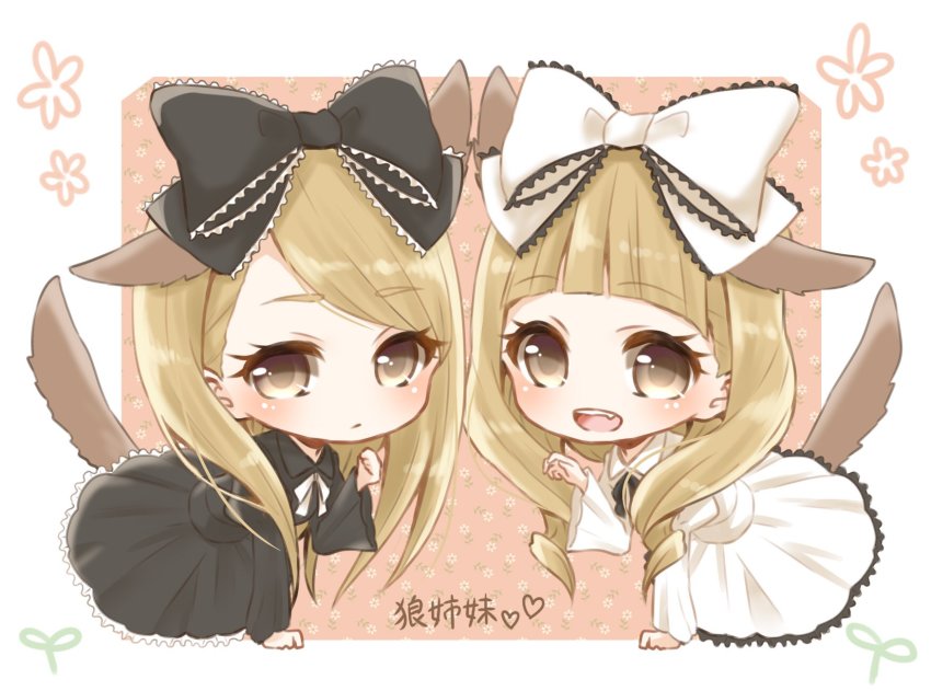 2girls, animal_ears, black_bow, blonde_hair, blush, bow, brown_eyes, chibi