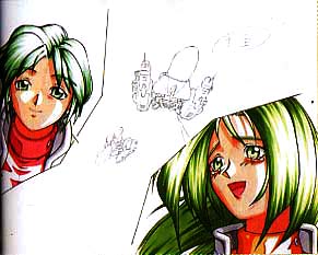 2girls, blazing_star, green_eyes, green_hair, happy, lowres, multiple_girls, pulstar