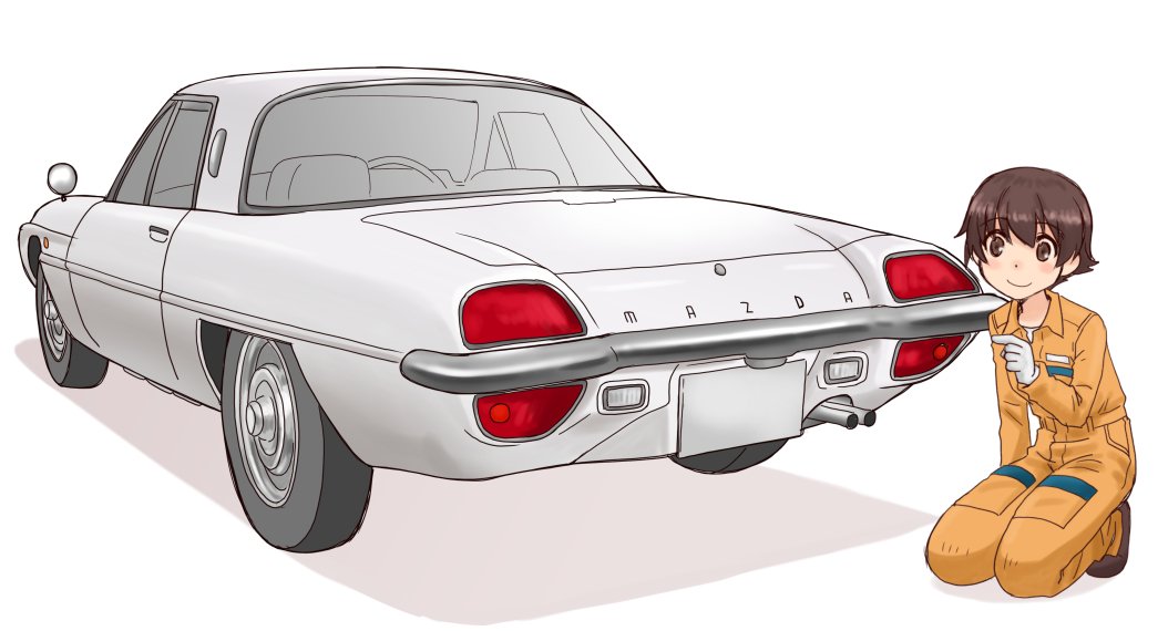 10s, 1girl, arm_support, black_shoes, brown_eyes, brown_hair, car, closed_mouth