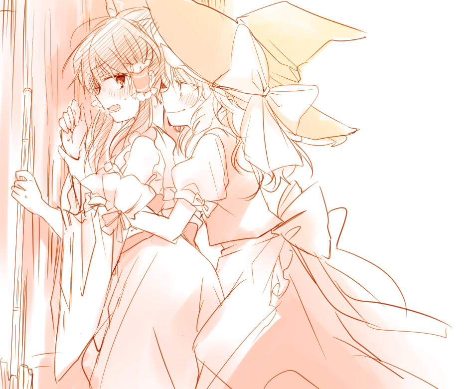 2girls, apron, blush, bow, broom, d:, detached_sleeves, dress