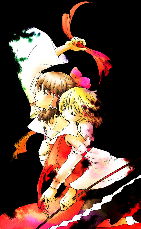 2girls, blonde_hair, brown_hair, darkness, detached_sleeves, embodiment_of_scarlet_devil, ex-rumia, female_focus