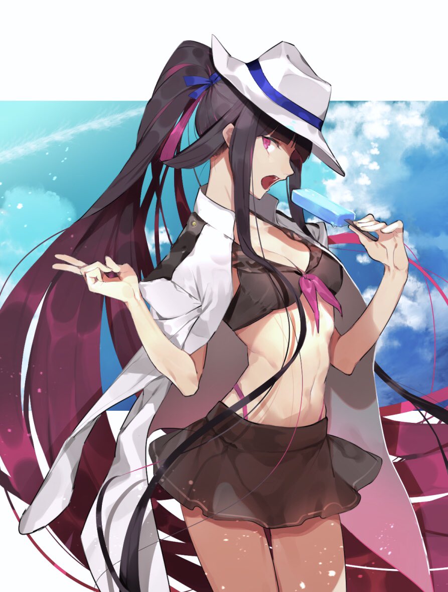 1girl, bikini, bikini_skirt, black_bikini, black_hair, blue_ribbon, blunt_bangs, bow