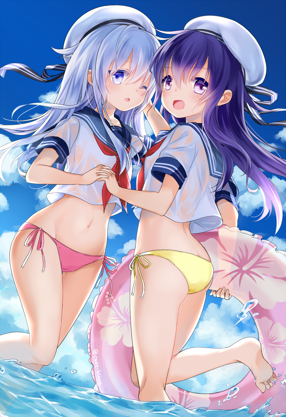 2girls, akatsuki_(kancolle), alternate_costume, ass, barefoot, bikini, bikini_bottom_only, bikini_under_clothes