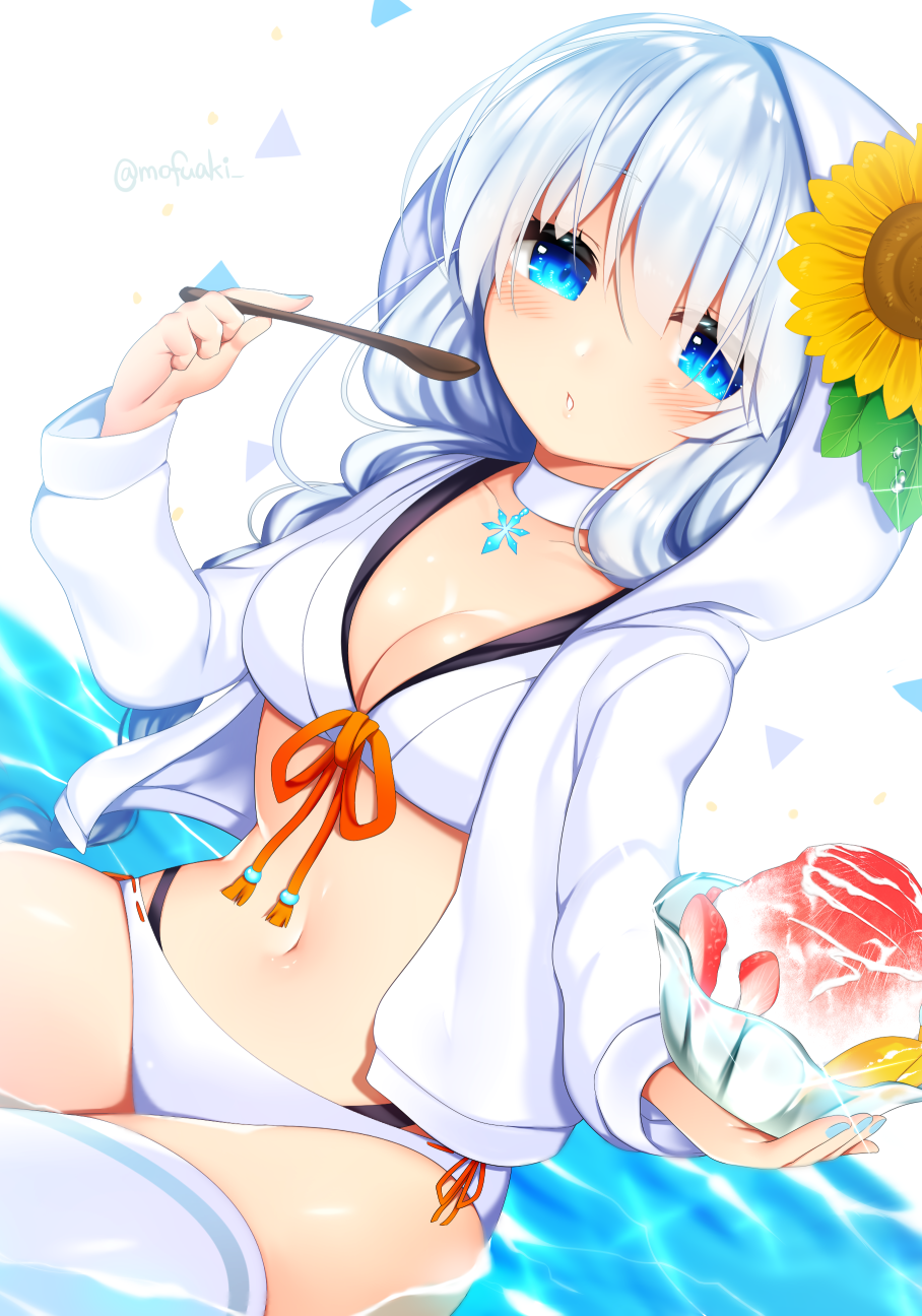 1girl, bemani, bikini, blue_eyes, blush, braid, breasts, cleavage