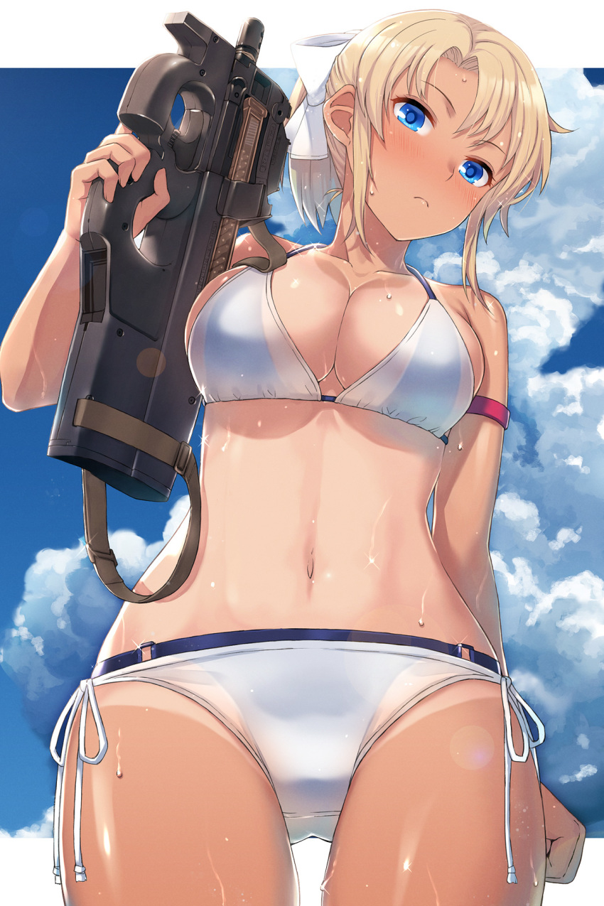 1girl, bikini, blue_eyes, blue_sky, blush, borrowed_character, bow, breasts