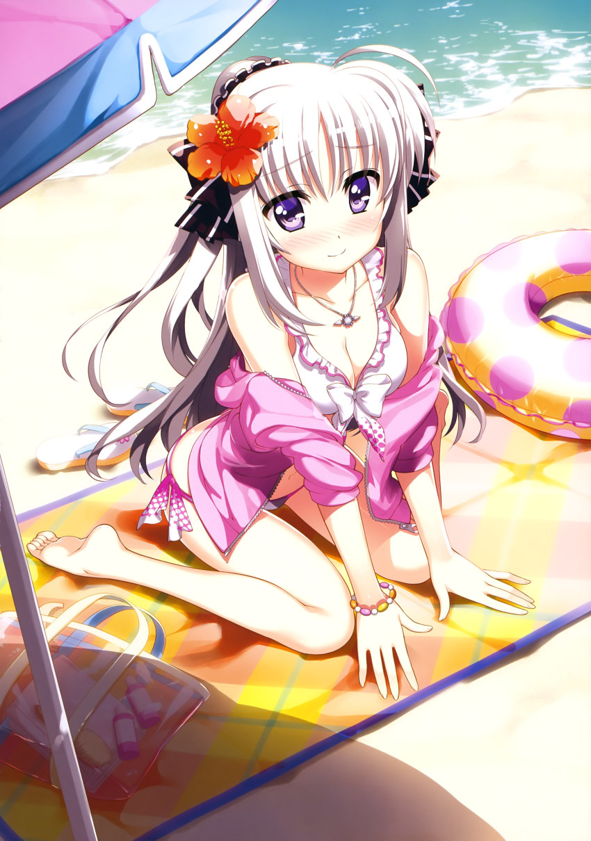 1girl, absurdres, bag, bare_shoulders, barefoot, beach, beach_towel, beach_umbrella