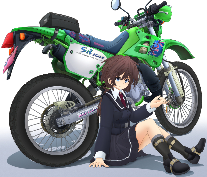 1girl, arm_support, black_boots, black_jacket, black_skirt, blue_eyes, boots, brown_hair, charm_(object), closed_mouth, commentary_request, dress_shirt, female_focus, gradient_background, grey_background, grey_socks, hair_tie, highres, holding, jacket, kawasaki_(company), kawasaki_kdx125, key, long_sleeves, looking_at_viewer, mikeran_(mikelan), motor_vehicle, motorcycle, necktie, original, ponytail, red_necktie, school_uniform, shadow, shirt, single_horizontal_stripe, sitting, skirt, smile, socks, solo, v-shaped_eyebrows, white_shirt