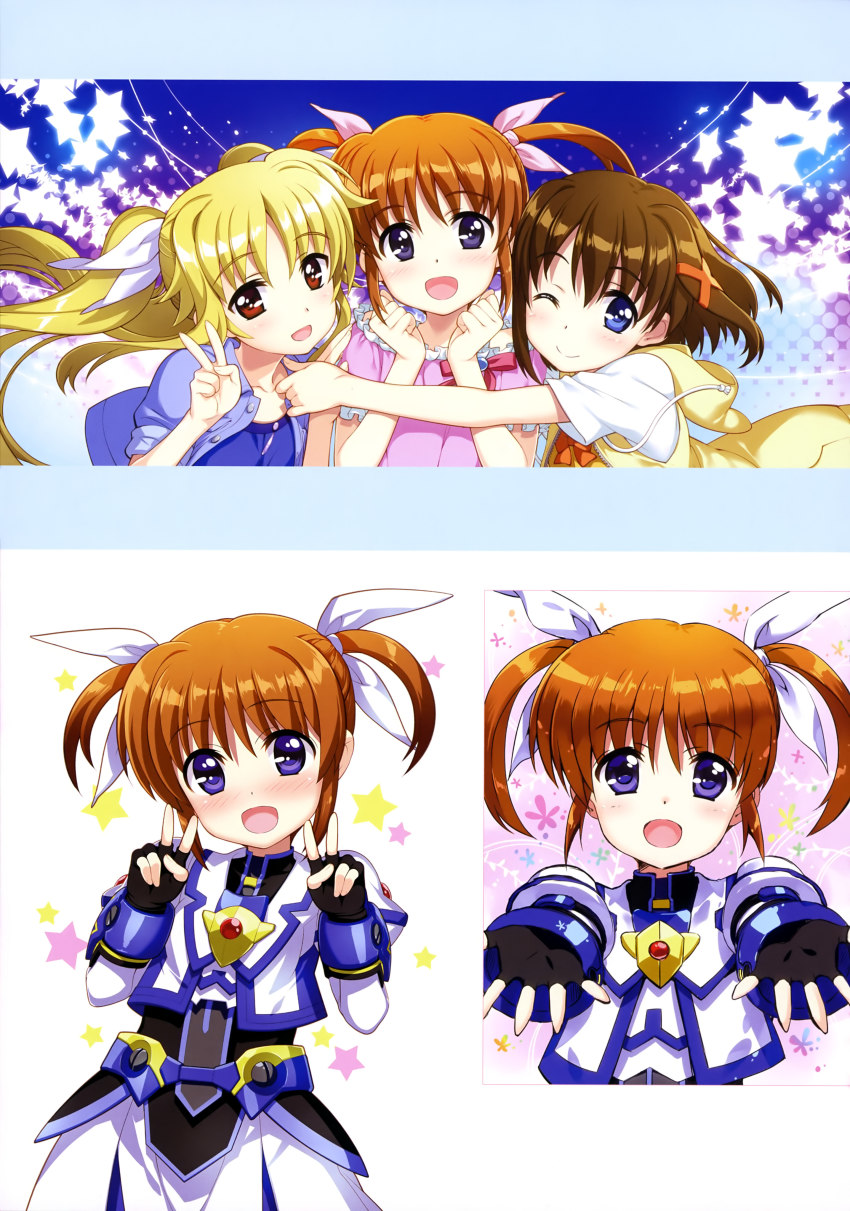 3girls, :d, absurdres, armor, black_gloves, black_shirt, blonde_hair, blue_eyes, blue_jacket, blue_shirt, blue_skirt, blue_sky, blue_sleeve_ends, blush, bow, bowtie, brooch, brown_hair, collarbone, cropped_jacket, day, double_v, eyes_visible_through_hair, fate_testarossa, fingerless_gloves, framed_image, frilled_shirt, frills, fujima_takuya, gloves, gold_trim, hair_between_eyes, hair_ornament, hair_ribbon, hands_up, highres, holding_hands, hood, hooded_jacket, jacket, jewelry, juliet_sleeves, letterboxed, light_brown_hair, long_sleeves, looking_at_viewer, lyrical_nanoha, magical_girl, mahou_shoujo_lyrical_nanoha_the_movie_3rd:_reflection, multiple_girls, official_art, one_eye_closed, open_clothes, open_jacket, open_mouth, orange_neckwear, outdoors, outstretched_arms, patterned_background, pink_ribbon, pink_shirt, puffy_sleeves, purple_eyes, red_eyes, ribbon, scan, shirt, short_hair, short_twintails, simple_background, skirt, sky, smile, star_(symbol), takamachi_nanoha, takamachi_nanoha_(exelion_mode_modified), twintails, v, vest, white_background, white_frills, white_jacket, white_ribbon, white_skirt, x_hair_ornament, yagami_hayate, yellow_jacket, yellow_vest, yuri